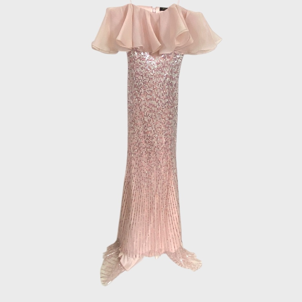 Jenny Packham NWT $6500 Pink Sequin Strapless Chiffon Gown Removable Cape - Picture 5 of 13